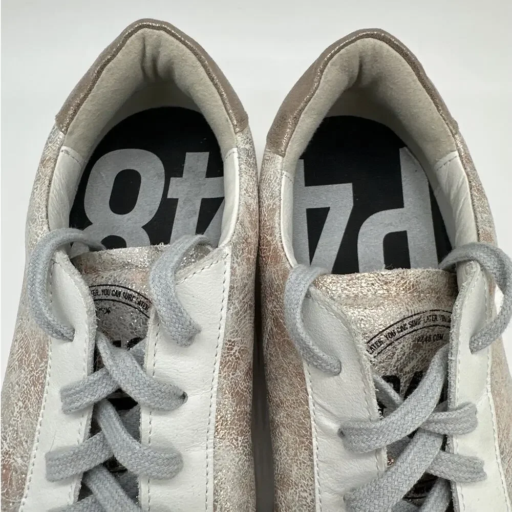 P448 John Low Top Sneakers Gold Metallic White Leather Women’s Casual Sz 40/ 9.5